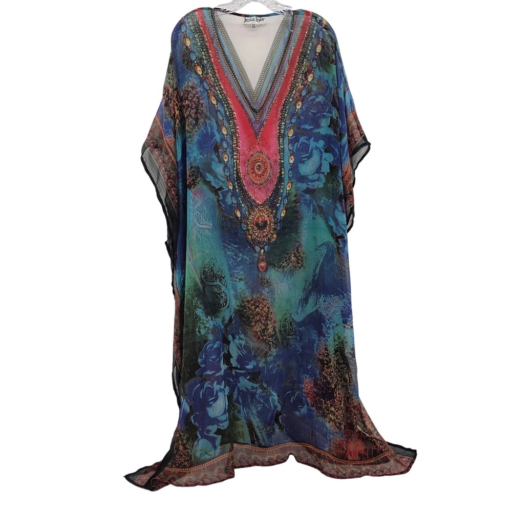 Jessica Taylor Kaftan Dress OS Multicolor Sheer Embellished Bohemian Resortwear